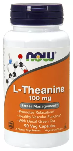 Now® Foods NOW L-Theanine 100 mg, Teanina z liśćmi zielonej herbaty, 90 kapsułek