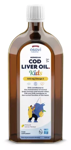 Osavi Olej z wątroby dorsza norweskiego Kids, Omega 3 Olej z wątroby dorsza norweskiego, dla dzieci, cytryna, 500 mg, 500 ml
