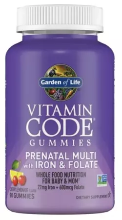 Garden of Life Kod witaminowy Prenatalny z żelazem i kwasem foliowym, Multiwitamina z żelazem i kwasem foliowym, Wsparcie ciąży, 90 żelek