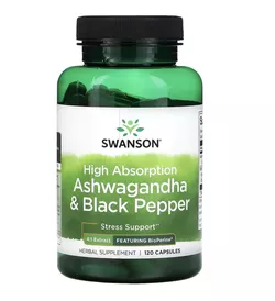 Swanson High Absorption Ashwagandha i Czarny Pieprz, ashwagandha i Czarny Pieprz, 120 kapsułek