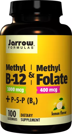 Jarrow Formulas Jarrow Methyl B-12 i Methyl Folate (witamina B12 + kwas foliowy, formy aktywowane), 1000 mcg / 400 mcg, 100 pastylek do ssania