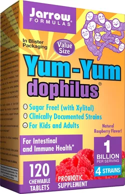 Jarrow Formulas Jarrow Yum-Yum Dophilus (probiotyki dla dzieci), 1 miliard organizmów, 4 szczepy probiotyczne, Malina, 120 pastylek do żucia
